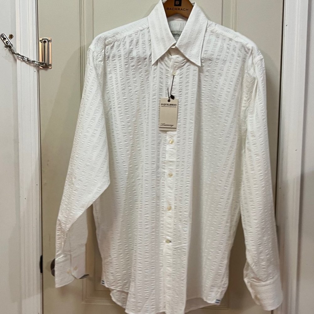 Luxury Equilibrio Men's XL 100% Cotton Button Down Seersucker Shirt. White